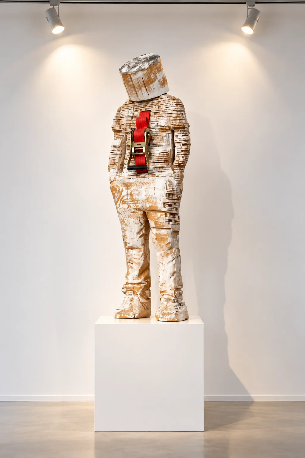 First Man, sculpture en bois avec une sangle orange réalisée à la tronçonneuse par l'artiste David David